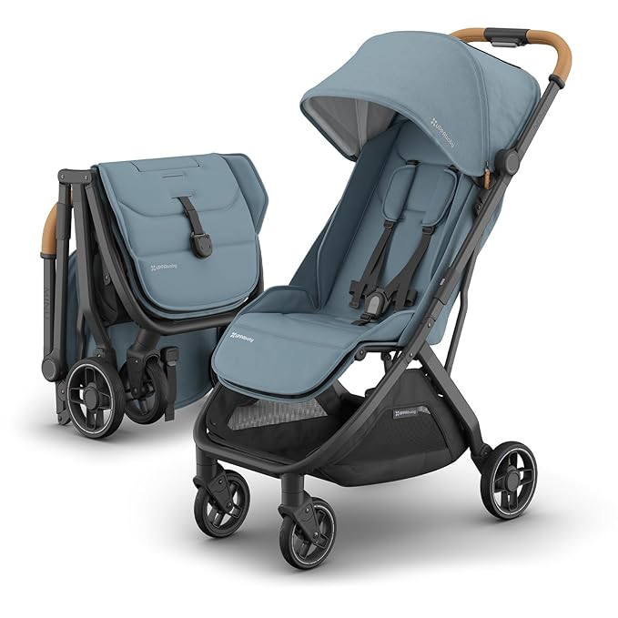 UPPAbaby Minu V3 Travel Stroller | Lightweight + Compact Design | One-Hand Fold + Unfold | from Birth + Overhead Compatible | Dillan (Stone Blue/Carbon Frame/Sand Leather)-BubblyBeeBaby