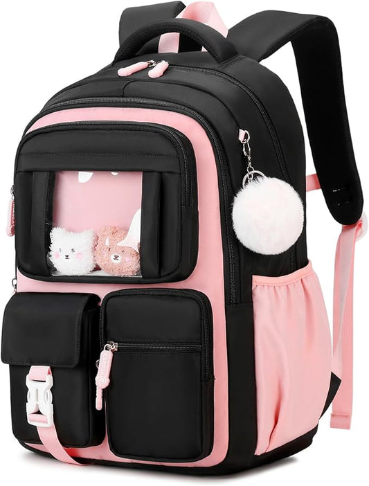 Kids Backpack for Girls School Bags for Middle School Students Book Bag for Elementary Primary Kawaii Ita Backpack, Black and Pink-BubblyBeeBaby