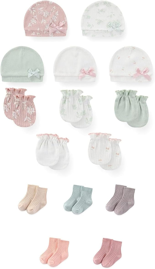 15 Pack Unisex New Born Boy Girls No Scratch Mittens Sets Cotton Soft Baby Gloves Hats socks Accessory 0-6 Months-BubblyBeeBaby