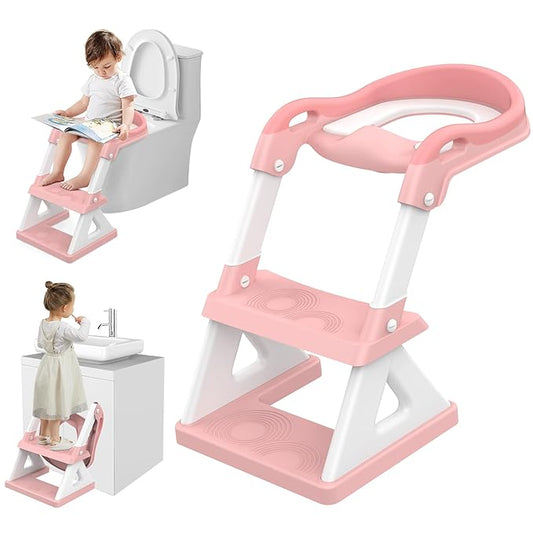 2 in 1 Potty Training Toilet Seat & Toddler Step Stool, Bottom Triangle Stability Toddler Toilet Seat, Adjustable Step & Seat Height Potty Seats for Toddlers Boys Girls (Pink)-BubblyBeeBaby