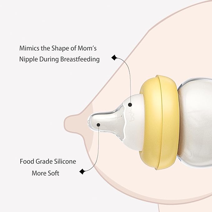YOHKOH Natural Glass Baby Bottle with Natural Response Nipple, Newborn Anti-Colic Baby Bottles, Wide Neck Mushroom Cap Baby Bottle, Clear (Yellow, (5.4oz (Pack of 4))-BubblyBeeBaby