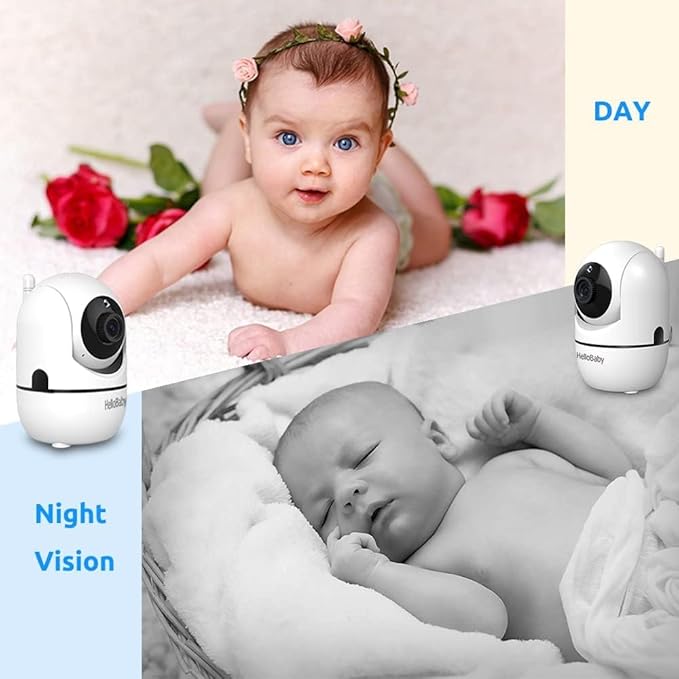 HelloBaby Upgrade 5’’ Baby Monitor with 30-Hour Battery, 2 Cameras Pan-Tilt-Zoom, 1000ft Range Video Audio Baby Monitor No WiFi, VOX, Night Vision, 2-Way Talk, 8 Lullabies and Temperature-BubblyBeeBaby