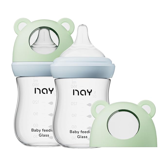 Natural Glass Baby Bottle for Breastfeeding Babies, 5.4oz Anti-Colic Baby Bottle with Natural Response Nipple(S), Clear, Wide Neck, 2 Pack, 1 Months+-BubblyBeeBaby