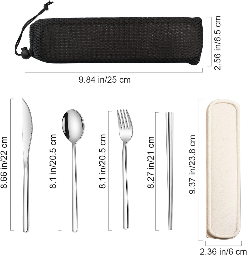 VANRA 4-Piece Portable Travel Utensils Set with Case 18/8 Stainless Steel Flatware Set Reusable Cutlery Set with Fork Spoon Knife Chopstick for Lunch Travel Camping School Work Picnic (Silver)