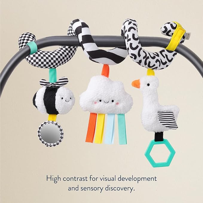 Itzy Ritzy Spiral Car Seat & Stroller Activity Toy - Stroller & Car Seat Toys for Ages 0 Months and Up - Hanging Toys Include Dangling Ring, Mirror and Textured Ribbons (High Contrast)-BubblyBeeBaby
