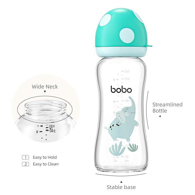 YOHKOH Natural Glass Baby Bottle with Natural Response Nipple, Newborn Anti-Colic Baby Bottles, Wide Neck Mushroom Cap Baby Bottle, Clear (8.8ounce (Pack of 4), Blue2)-BubblyBeeBaby