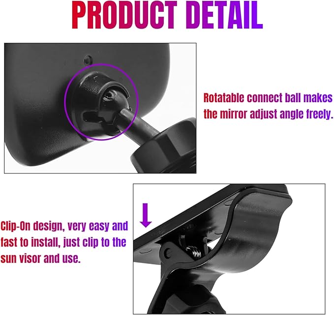 Car Interior Rearview Baby Mirror, Universal Wide Angle Convex Mirrors Clip On Mirror for Infant Toddler Child Backseat, 360° Freely Adjustable. (Black)-BubblyBeeBaby