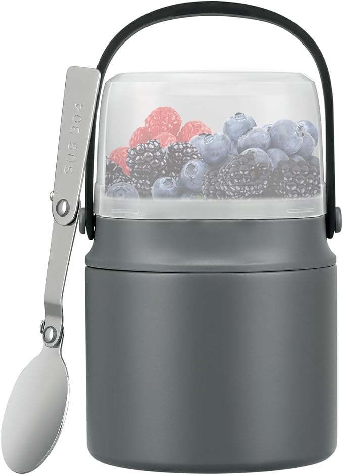 2-in-1 Insulated Food Jar & Snack Container - 15oz Kids Soup Thermos for Hot Food with Handle and Spoon, Leak Proof Reusable Toddler Snack Box, Perfect for School & Travel, Grey-BubblyBeeBaby