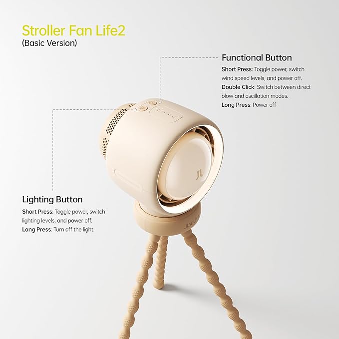 JISULIFE Stroller Fan Baby Large, Safe Bladeless for Crib, Desk, 4000mAh Battery Rechargeable Portable Cooling Fan with Air Turbo Tech, Night Light, Food-Grade Gift for Mom/Dad/Friend - Brown-BubblyBeeBaby