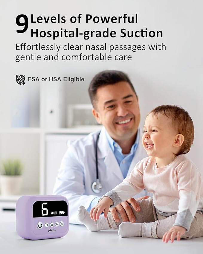 HEYVALUE Nasal Aspirator for Baby, Hospital Grade Nose Sucker with 9 Levels Suction, Night Light and Nursery Rhyme Soothing, Electric Nose Suction for Baby with Food-Grade Silicone Tips Purple-BubblyBeeBaby