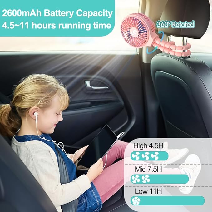 HomeLifairy Portable Stroller Fan, USB or Rechargeable Battery Operated with 3 Speeds and 360°Rotate, Cooling Clip On for Baby Crib Travel Car Seat Pink-BubblyBeeBaby