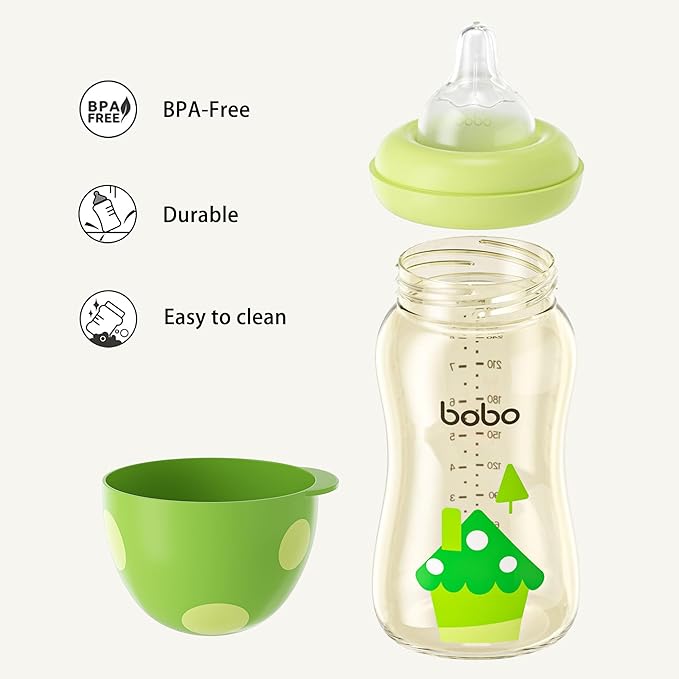 YOHKOH PPSU Baby Bottle Wide Neck, Newborn Anti-Colic Baby Bottle with Natural Response Nipple, Streamlined Body, Easy to Clean (8.8oz (Pack of 2), Green)-BubblyBeeBaby
