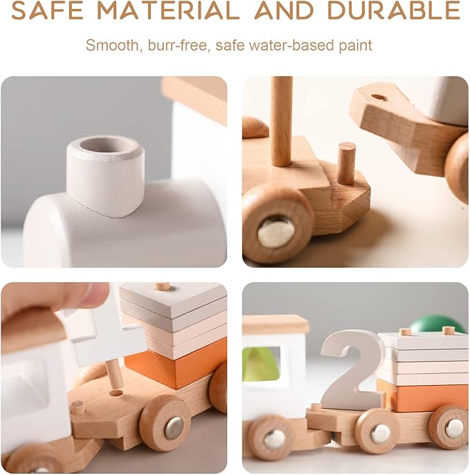 ibwaae Wooden Train Set for Baby Toys with Numbers and Blocks Train Toy 12 PCS for Toddler Boys and Girls 1 2 3 4 5 Birthday Toys-BubblyBeeBaby