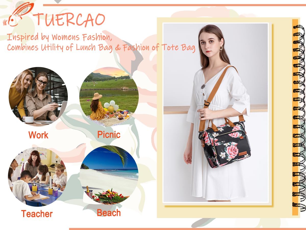 TuErCao Lunch Box for Women Adult Insulated Lunch Bag for Female Teacher Nurse Mom, Fashion Ladies Lunch Tote Bag for Work, Peony