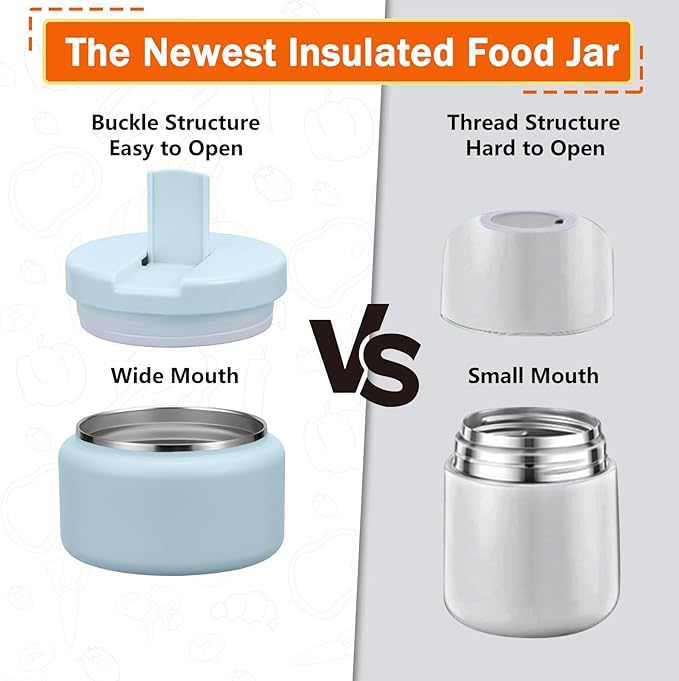 13.5oz Kids Thermos for Hot Food, Insulated Vacuum Food Jar with Buckle Lid, Stainless Steel Wide Mouth Leak Proof Insulated Lunch Container for School Picnic Travel, Blue-BubblyBeeBaby