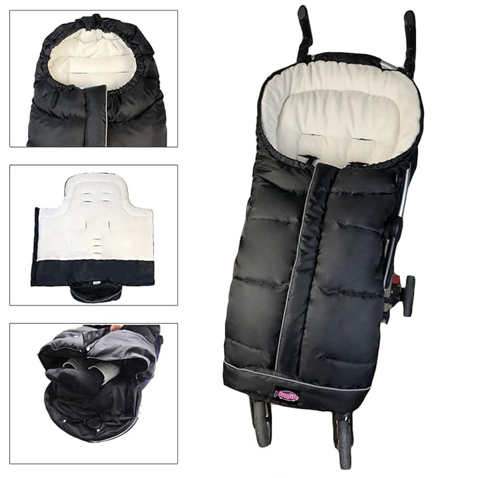 Weather Proof Oudtoor Walking Universal Stroller Bunting Bag with Reflective Strips,Multi-Zippers,Central and Feet Area Opens,Easy for Baby in&Out&Temperature Regulation Footmuff for Stroller,Black-BubblyBeeBaby