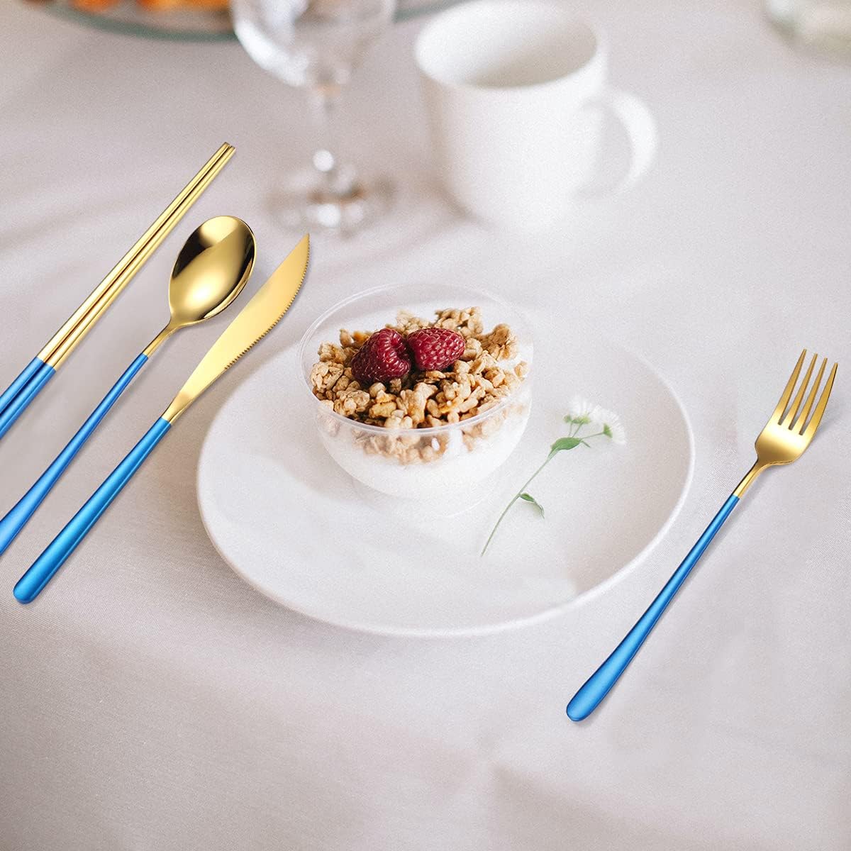 AARAINBOW 6 Pieces 18/8 Stainless Steel Flatware Set Portable Reusable Cutlery Set Travel Utensils Set Including Chopsticks Knife Fork Spoon Straws Cleaning Brush Dishwasher Safe (Blue golden)