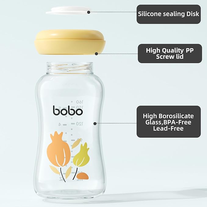 YOHKOH Breast Milk Storage Bottles - Wide Neck Glass Breastmilk Storage Bottles with Lids, BPA-Free (Yellow, 5.4oz (Pack of 6))-BubblyBeeBaby
