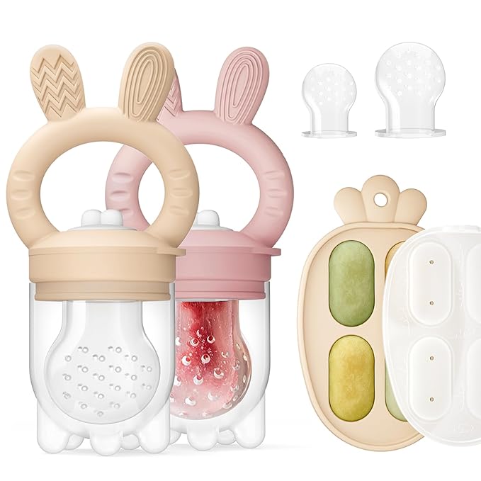 2 Packs Baby Fruit Feeder & Freezer Nibble Tray Combo, Push Pop Baby Food Feeder to Safely Introduce New Foods, Fresh & Frozen Food Silicone Feeder, 100% Food Grade, BPA Free (Caramel & Pink)-BubblyBeeBaby