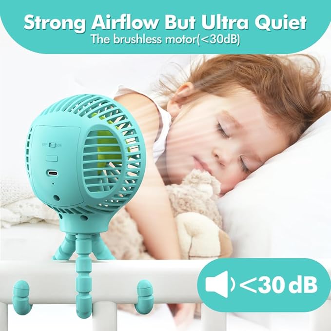 HomeLifairy Portable Stroller Fan, USB or Rechargeable Battery Operated with 3 Speeds and 360°Rotate, Cooling Clip On for Baby Crib Travel Car Seat Blue-BubblyBeeBaby