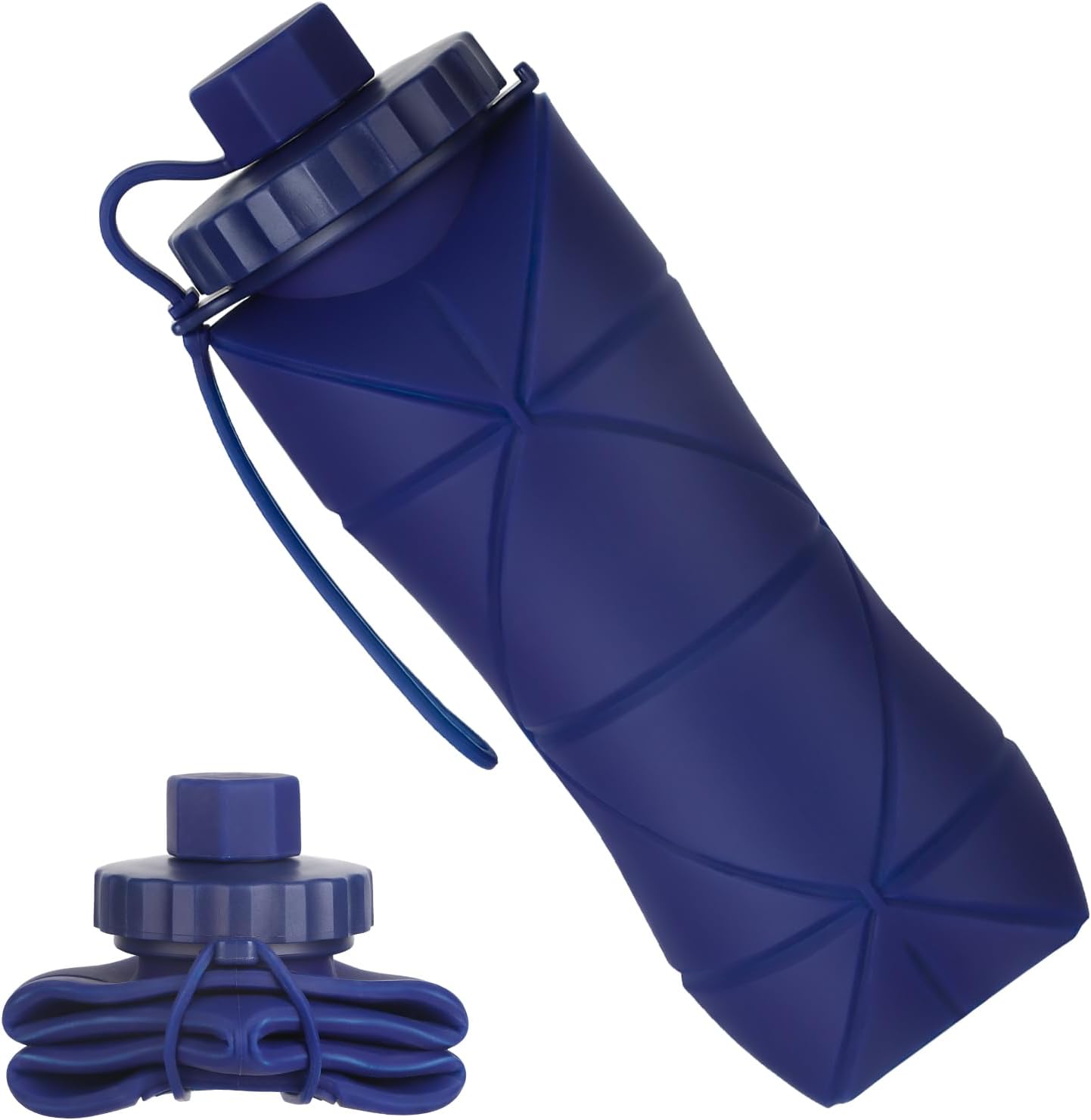 YCT Collapsible Silicone Travel Water Bottle 20oz (600ml), Reuseable Leakproof BPA Free Foldable Sports Bottle, with Carrying Strap, Dark Blue