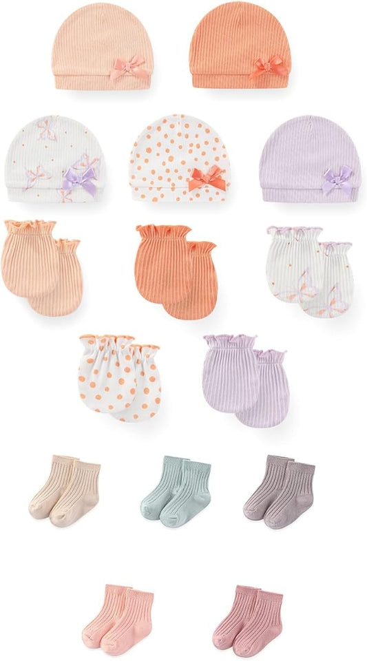 15 Pack Unisex New Born Boy Girls No Scratch Mittens Sets Cotton Soft Baby Gloves Hats socks Accessory 0-6 Months-BubblyBeeBaby