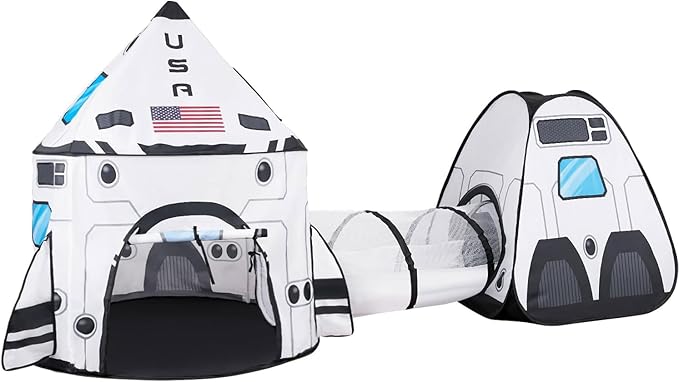 JOYIN White Rocket Ship Pop up Play Tent with Tunnel and Playhouse Kids Indoor Outdoor Spaceship Tent Set-BubblyBeeBaby