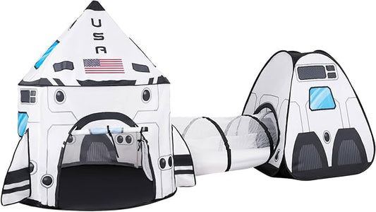 JOYIN White Rocket Ship Pop up Play Tent with Tunnel and Playhouse Kids Indoor Outdoor Spaceship Tent Set-BubblyBeeBaby