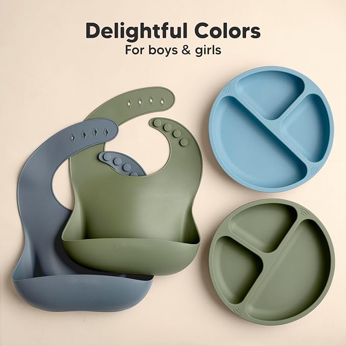 KeaBabies 2-Pack Silicone Baby Bibs for Eating - Sturdy Food-Grade Silicone Bibs for Babies Girl, Boy, Large Food Catcher, Clean & Put On Easily, Waterproof Toddler Feeding Essentials (Slate)-BubblyBeeBaby