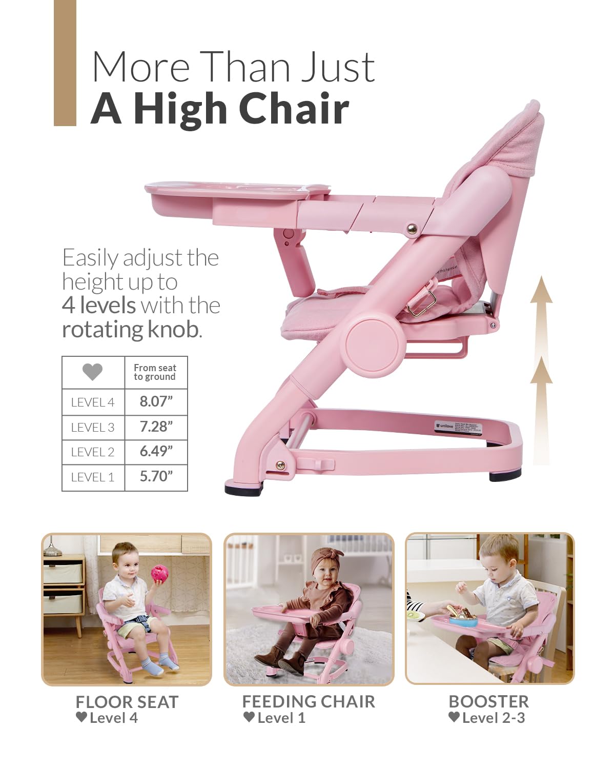 Feed Me 3-in-1 Travel High Chair Booster Seat for Infants and Toddlers - Transitional, Compact & Fits Any Chair, Swivel Tray, Rose Tea