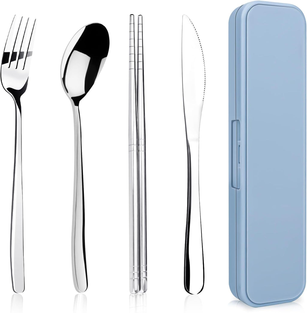 5 Piece Rsiynax Portable Travel Utensils Set with Case, Premium 304 Stainless Steel Camping Utensils Set, Reusable Silverware for Camping, Lunch, Work, School, etc, Easy to Clean (Silver)