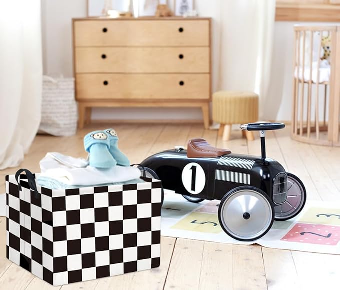 HIYAGON Rectangular Car Basket for Boys Checkered Basket Kids Baby Storage Bin Toy Organizer Box Car Room Decor(Racing Flag)-BubblyBeeBaby