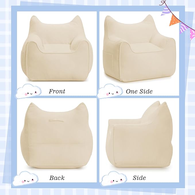 HOMMPA Bean Bag Chair for Kids Stuffed Toddler Bean Bag Sofa with Pocket Filler Cat Shaped Bean Bag Chair Boys and Girls Baby Lazy Floor Sofa Chair for Gaming Reading Playing Beige-BubblyBeeBaby