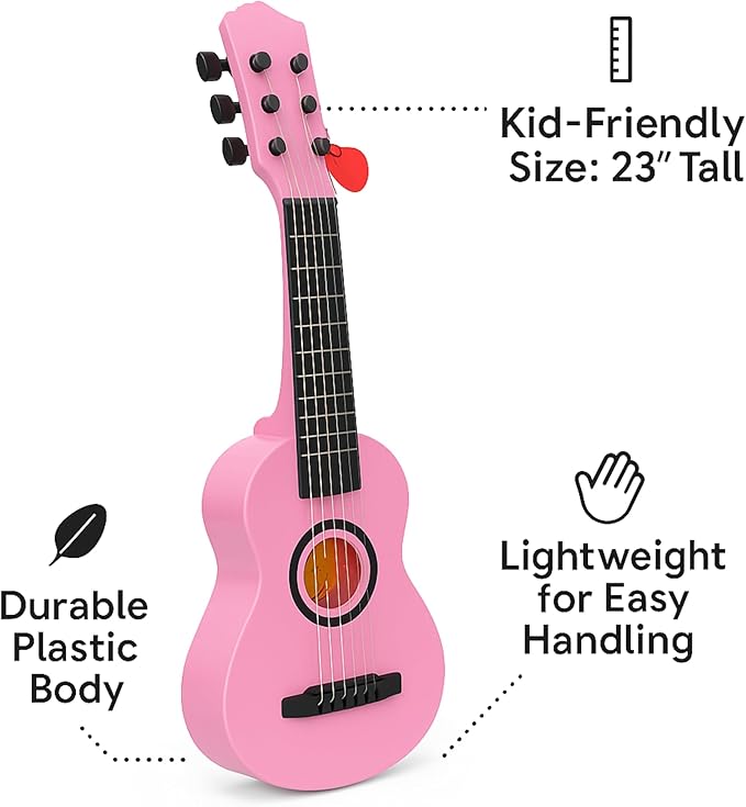 23" Acoustic Guitar, Kids 6 String Toy Guitar - Realistic Steel Strings - Beginner Practice First Musical Instrument for Children, Toddlers (Pink)-BubblyBeeBaby