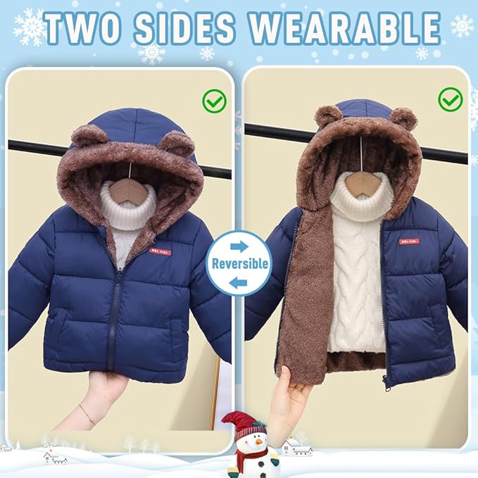 Infant Baby Winter Coat Bear Hooded Jacket Warm Fleece Snowsuit Windproof Outerwear for Toddler Boy Girl 9M-4T-BubblyBeeBaby