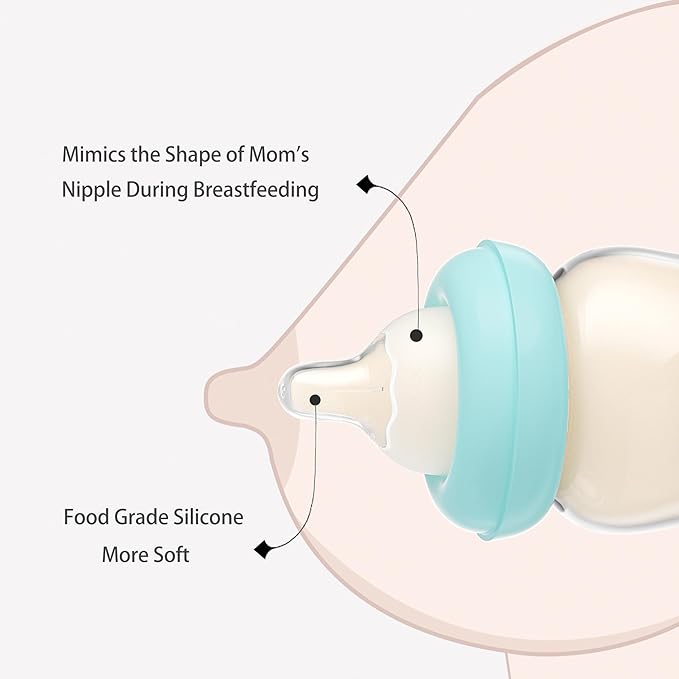 YOHKOH Natural Glass Baby Bottle with Natural Response Nipple, Newborn Anti-Colic Baby Bottles, Wide Neck Mushroom Cap Baby Bottle, Clear ((5.4oz (Pack of 2), Blue-A)-BubblyBeeBaby