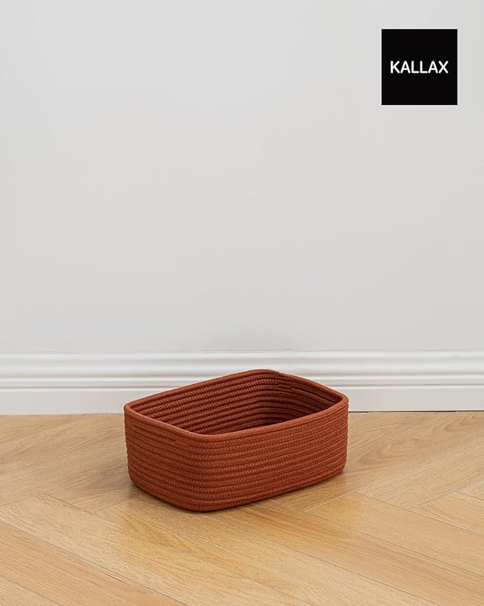 KALLAX Small Woven Basket, 12 x 8 x 4.5 Inches, Storage Basket for Organizing, Cute Small Rope Shelf Closet Cube Storage Bins Baskets for Shelves, Dog Toy Gift Baskets Empty, 3 Pack Rust Red-BubblyBeeBaby