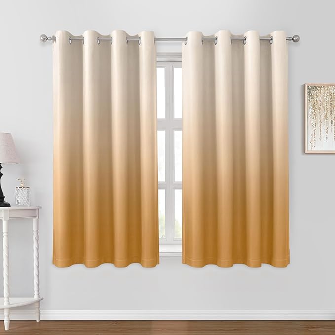 HOMEIDEAS Gold Ombre Blackout Curtains 52 X 63 Inch Length Gradient Room Darkening Thermal Insulated Energy Saving Grommet 2 Panels Window Drapes for Living Room, Bedroom-BubblyBeeBaby