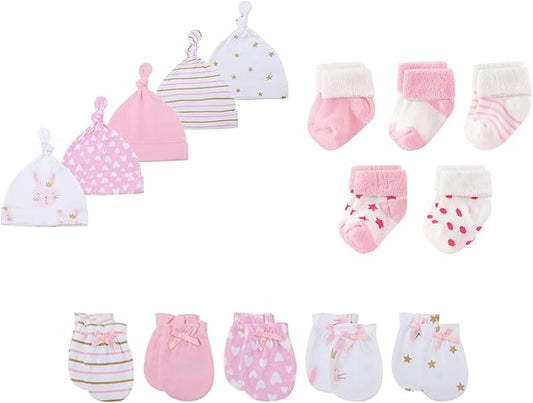15 Pack Unisex New Born Boy Girls Hats Mittens Socks Sets Cotton Soft Infant Accessory 0-6 Months Baby Essentials-BubblyBeeBaby