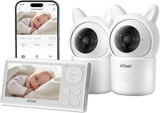 ieGeek Baby Monitor with 2 Cameras, Split-Screen Video Baby Monitor with Audio and 1080P Camera 4.3" Screen - Night Vision, Two-Way Talk, Cry & Motion Detection, Pan-Tilt-Zoom via Screen and Free APP-BubblyBeeBaby