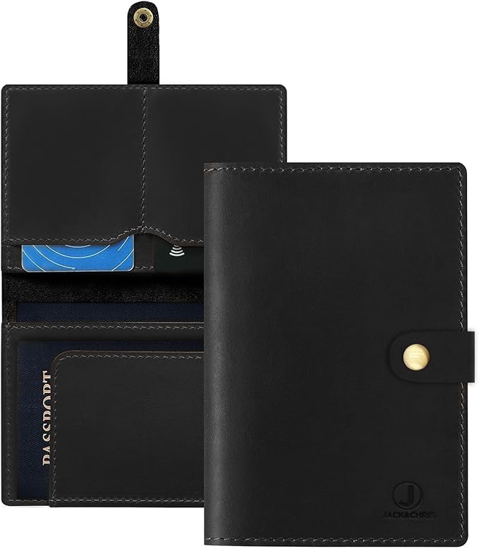 Jack&Chris Genuine Leather Passport Holder for Travel, RFID Blocking Handmade Passport Holder with Card Case Organized & Safe, Quality Travel Essentials for Women and Men for Gifting, Black-BubblyBeeBaby