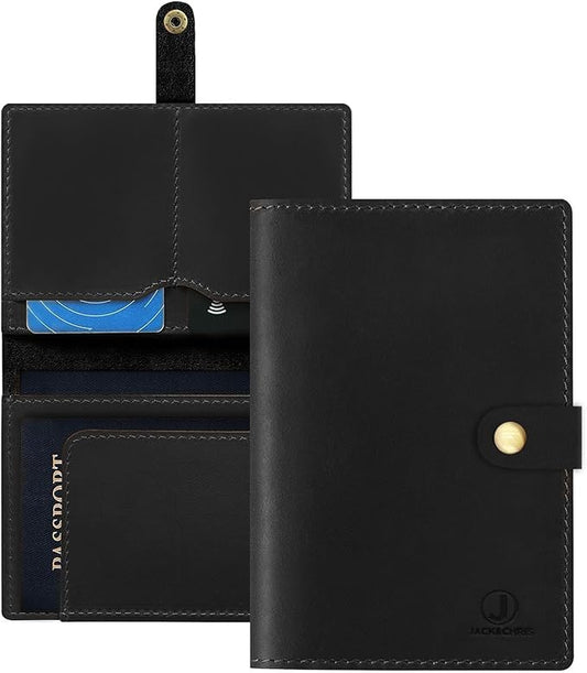 Jack&Chris Genuine Leather Passport Holder for Travel, RFID Blocking Handmade Passport Holder with Card Case Organized & Safe, Quality Travel Essentials for Women and Men for Gifting, Black-BubblyBeeBaby