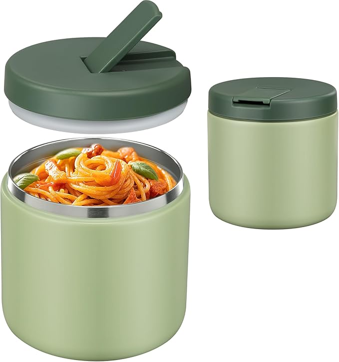 19oz Insulated Vacuum Food Jar with Buckle Lid Wide Mouth Soup Thermo for Hot Food Kids Leakproof Stainless Steel Lunch Container- Green-1Pack-BubblyBeeBaby