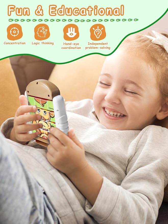 16-Piece Rotating Puzzles for Kids 4-6, Toddlers Puzzles 2-4, Road Trip, Airplane Activities Game, Travel Toys - Brain Teaser, Fine Motor Skills - Birthday Gifts Boys & Girls - Animals-BubblyBeeBaby