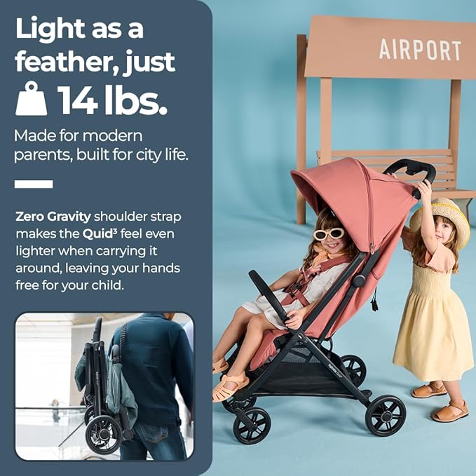 Inglesina Quid³ Stroller, Aurora Pink - Compact Reclining Travel Stroller for Baby & Toddler 0-55 lbs, One Hand fold, Car seat Compatible, Airplane Overhead, Lightweight, Foldable, XL UPF 50+ Canopy-BubblyBeeBaby