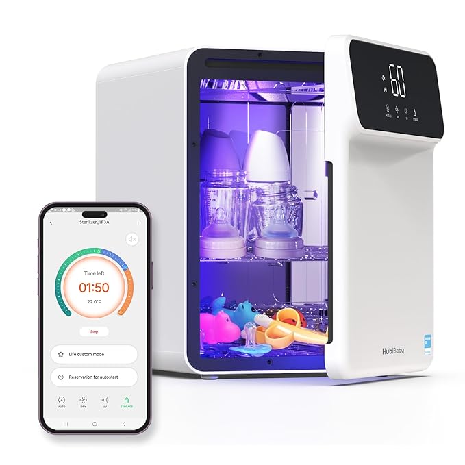 HubiBaby 4-in-1 UVC Cleaner and Dryer for Baby Bottles XL Large Inner Capacity Multifunctional Smart Control with Bluetooth APP-BubblyBeeBaby