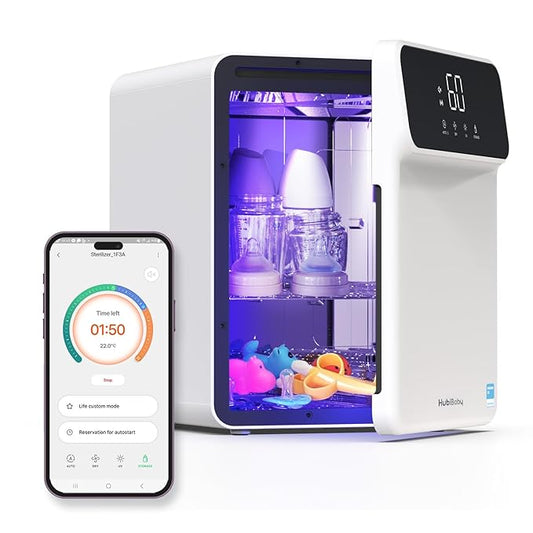 HubiBaby 4-in-1 UVC Cleaner and Dryer for Baby Bottles XL Large Inner Capacity Multifunctional Smart Control with Bluetooth APP-BubblyBeeBaby