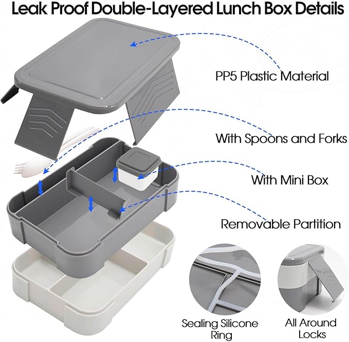 Insulated Lunch Bag for Boys Girls with 10oz Thermo, with 6 Compartment Bento Box, Black Nylon Preppy Lunch Box Adjustable Strap for Boy Girl Kids Teens School Travel Picnic-BubblyBeeBaby