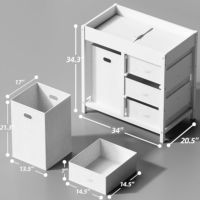 YUFU Baby Changing Table, Diaper Changing Table with Laundry Hamper, 3 Storage Drawers and Pad, Wooden Infant Diaper Changing Station, White-BubblyBeeBaby
