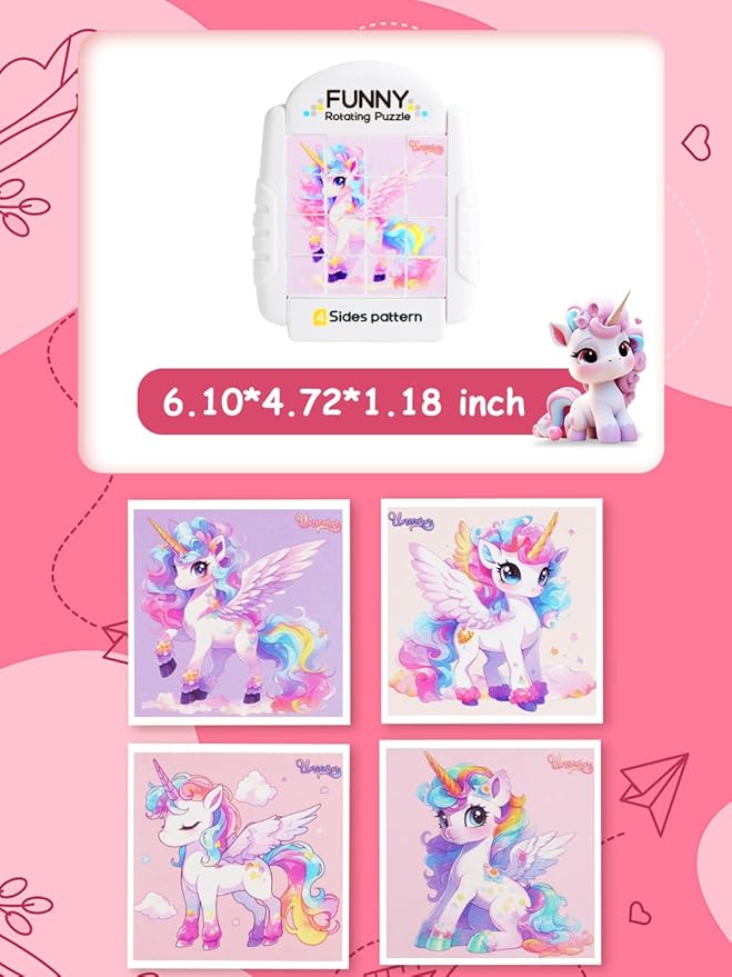 16-Piece Rotating Puzzles for Kids 4-6, Toddlers Puzzles 2-4, Road Trip, Airplane Activities Game, Travel Toys - Brain Teaser, Fine Motor Skills - Birthday Gifts Boys & Girls - Pink Alicorn-BubblyBeeBaby